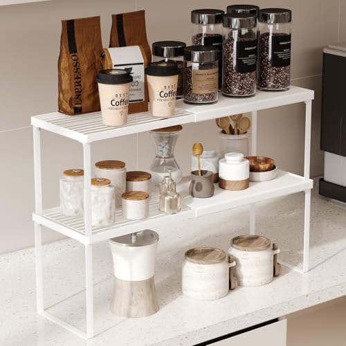 Magheo Expandable Cabinet Shelf Organizer, 2 Pack Stackable Kitchen Counter Shelf Riser, Metal Spice Rack Adjustable Heavy Duty Countertop Organizer Storage for Kitchen, Pantry, Cupboard, Rv (White) - Image 1