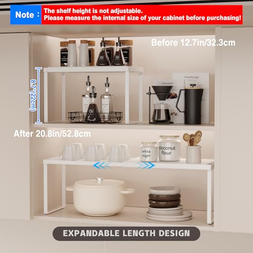Magheo Expandable Cabinet Shelf Organizer, 2 Pack Stackable Kitchen Counter Shelf Riser, Metal Spice Rack Adjustable Heavy Duty Countertop Organizer Storage for Kitchen, Pantry, Cupboard, Rv (White) - Image 2