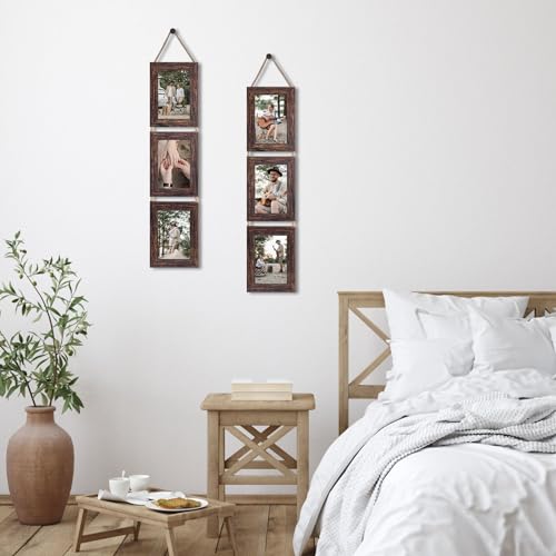 QUTREY 4x6 Collage Picture Frames, 6 Openings Vertical Hanging Photo Frame Set of 2, 4 by 6 inch Multi Picture Frames for Wall, Distressed Brown - Image 5