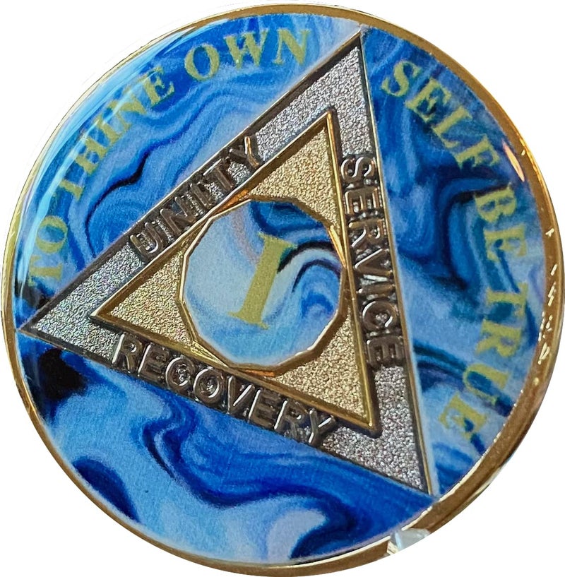 1 Year AA Medallion Abstract Blue White Swirl TriPlate Sobriety Chip
