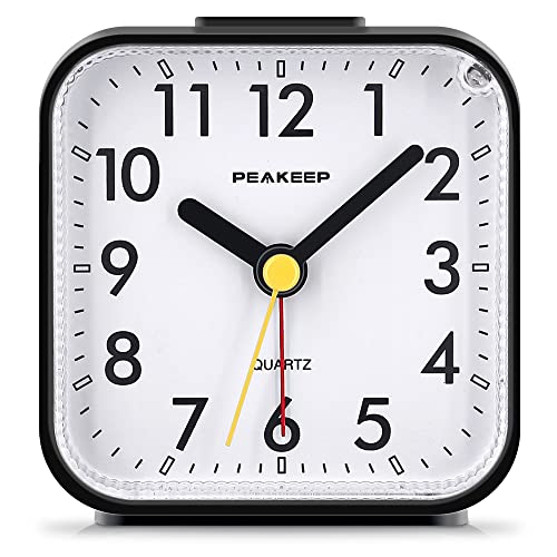 Peakeep Small Battery Operated Analog Travel Alarm Clock Silent No Ticking, Lighted on Demand and Snooze, Beep Sounds, Gentle Wake, Ascending Alarm, Easy Set (Black) - Image 1