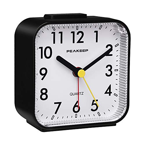 Peakeep Small Battery Operated Analog Travel Alarm Clock Silent No Ticking, Lighted on Demand and Snooze, Beep Sounds, Gentle Wake, Ascending Alarm, Easy Set (Black) - Image 2