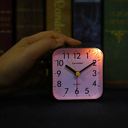 Peakeep Small Battery Operated Analog Travel Alarm Clock Silent No Ticking, Lighted on Demand and Snooze, Beep Sounds, Gentle Wake, Ascending Alarm, Easy Set (Black) - Image 5