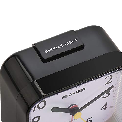 Peakeep Small Battery Operated Analog Travel Alarm Clock Silent No Ticking, Lighted on Demand and Snooze, Beep Sounds, Gentle Wake, Ascending Alarm, Easy Set (Black) - Image 3