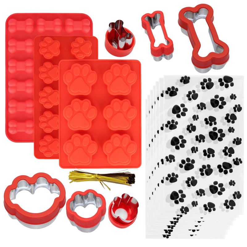 Shxmlf Shxmlf Dog Treat Molds Silicone puppy Paw and Bone MoldStainless Steel Dog Bone Cookie Cutters with 100 Pcs Dog treat bags Ice Cube Jelly Biscuits Chocolate CandyCakeDog treats Baking Mold 