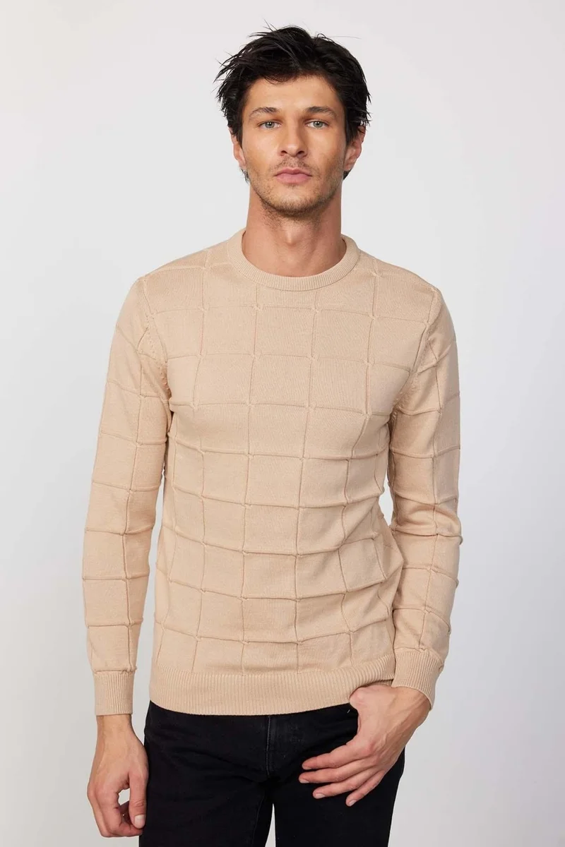 Tudors Slim Fit Crew Neck Square Patterned Stone Men's Knitwear Sweater