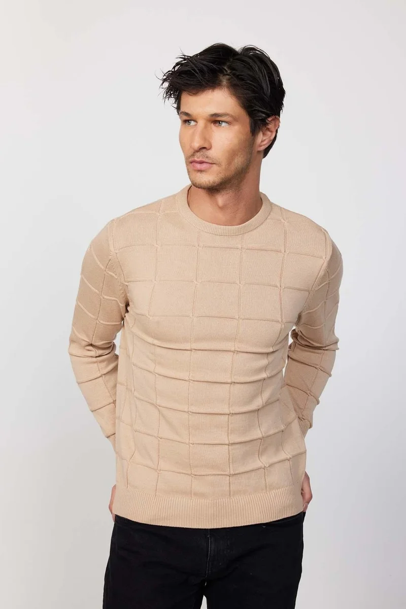 Tudors Slim Fit Crew Neck Square Patterned Stone Men's Knitwear Sweater