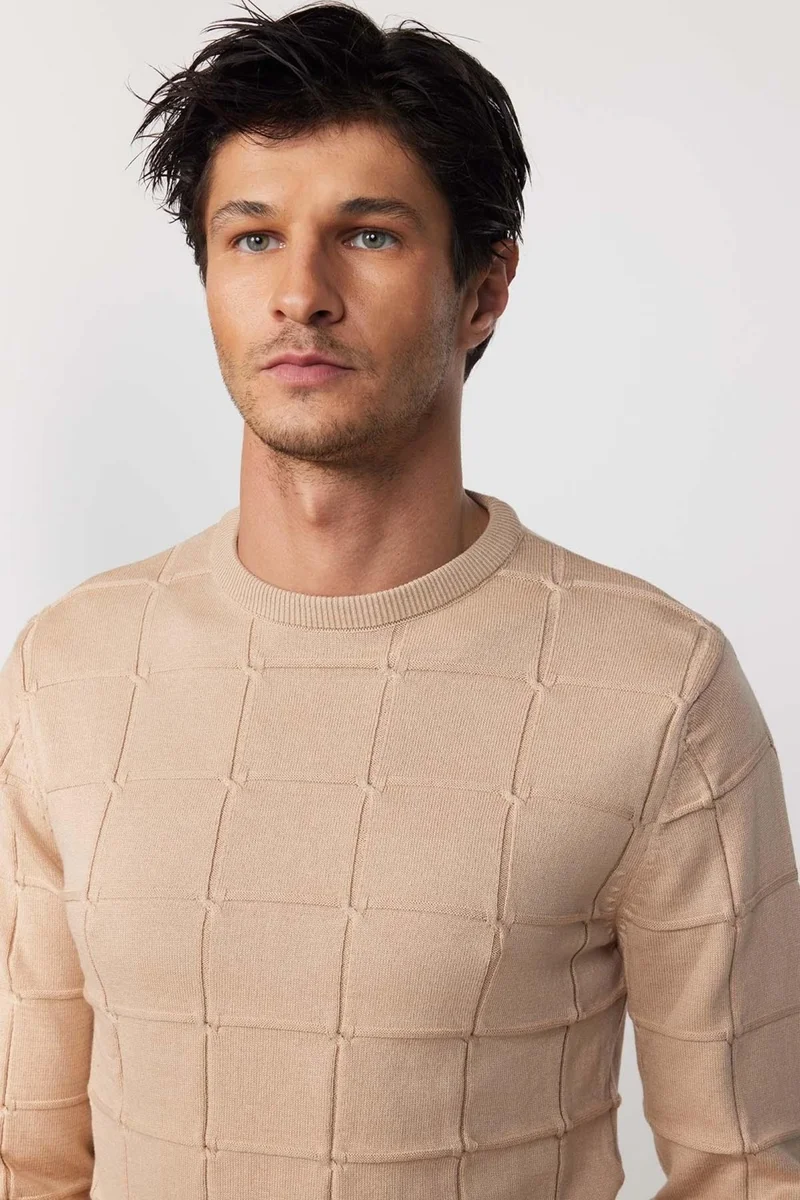 Tudors Slim Fit Crew Neck Square Patterned Stone Men's Knitwear Sweater