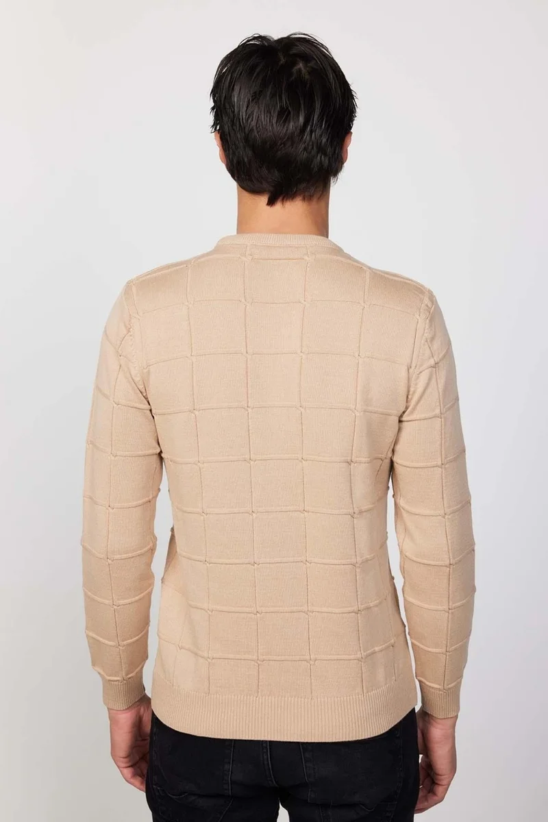 Tudors Slim Fit Crew Neck Square Patterned Stone Men's Knitwear Sweater