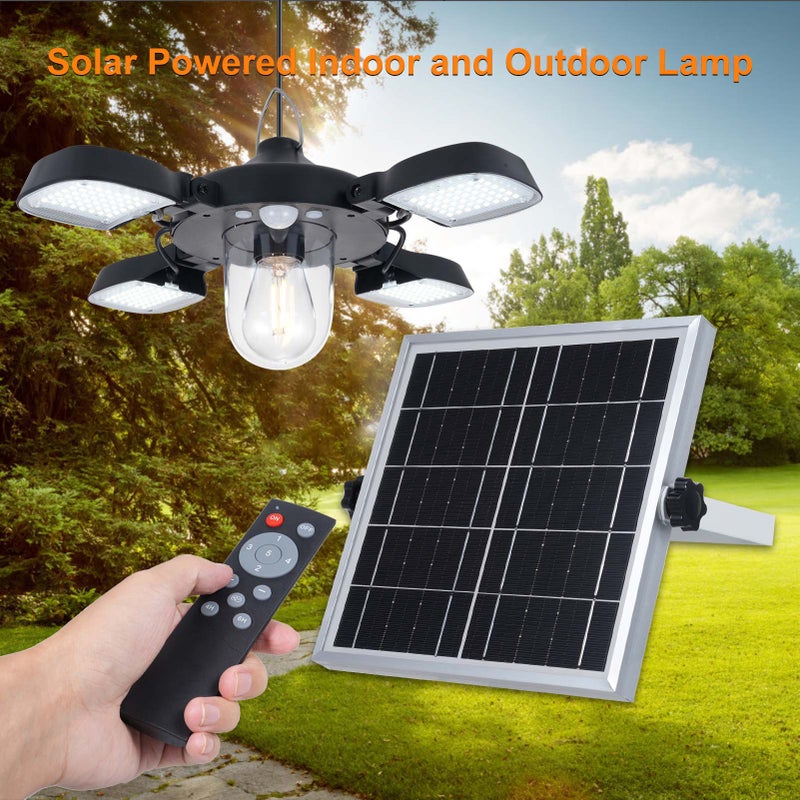 192LEDs Solar Powered Pendant Lamp PIR Motion Sensor Light 4-Panel Hanging Lamp with Light Bulb Garage Light Waterproof Outdoor Patio Garage Hanging Lights with Remote Controller - Image 3