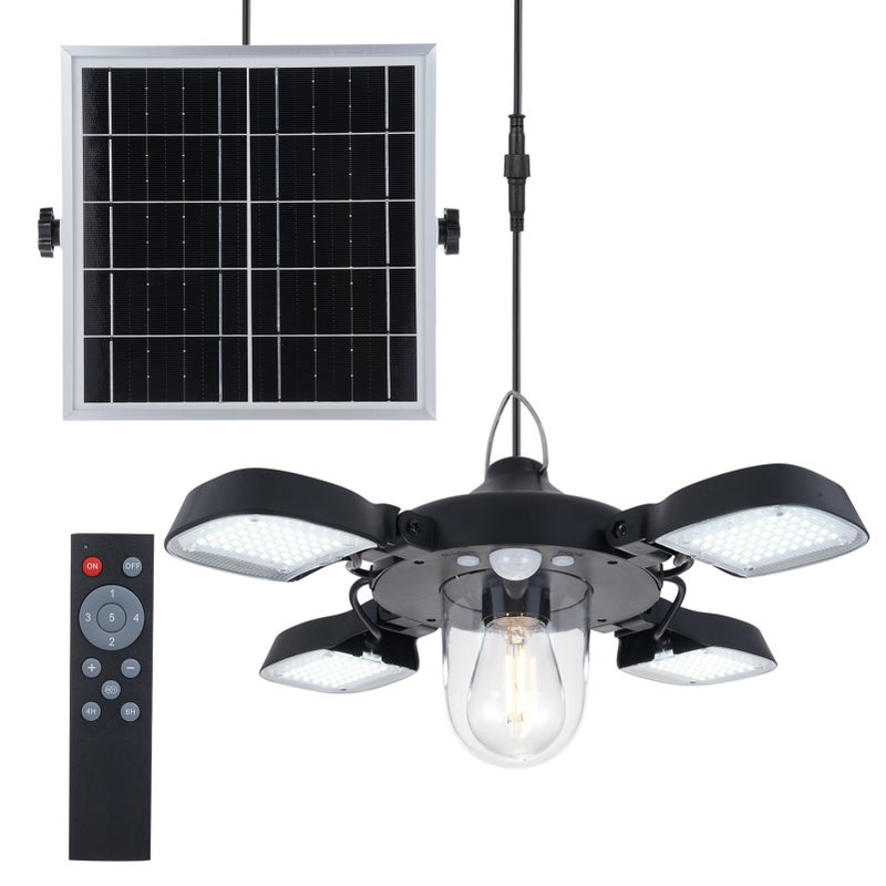 192LEDs Solar Powered Pendant Lamp PIR Motion Sensor Light 4-Panel Hanging Lamp with Light Bulb Garage Light Waterproof Outdoor Patio Garage Hanging Lights with Remote Controller - Image 2