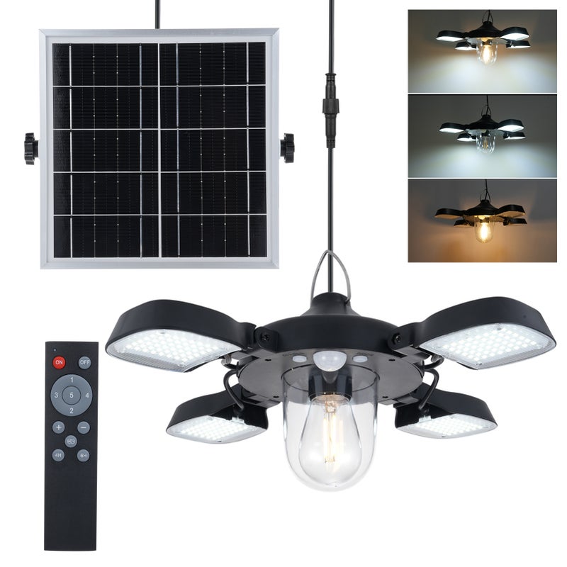 192LEDs Solar Powered Pendant Lamp PIR Motion Sensor Light 4-Panel Hanging Lamp with Light Bulb Garage Light Waterproof Outdoor Patio Garage Hanging Lights with Remote Controller - Image 1