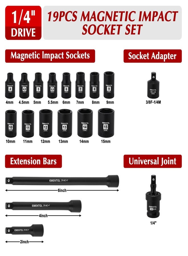 EMENTOL 1/4 Inch Drive Magnetic Impact Socket Set, 19-Piece Metric, 4-15mm, 6 Point, Shallow, Cr-Mo,Magnetic Sockets with Universal Joint & Extension Bar - Image 2