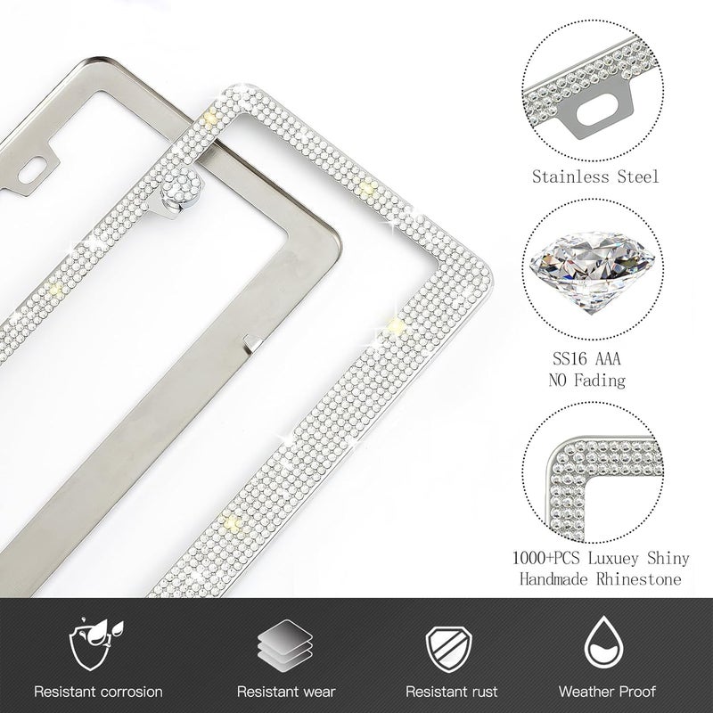 RunOne 2 Pack Bling License Plate Frame for Women,Sparkly Rhinestone Stainless Steel License Plate Holder,Car Accessories with Glitter Crystal Caps (White) - Image 2
