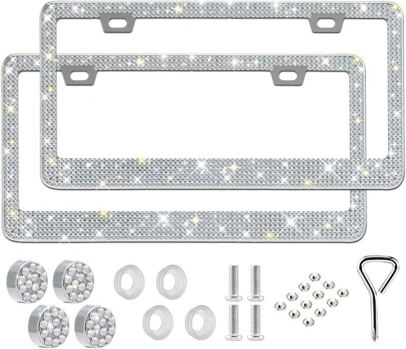 RunOne 2 Pack Bling License Plate Frame for Women,Sparkly Rhinestone Stainless Steel License Plate Holder,Car Accessories with Glitter Crystal Caps (White) - Image 1