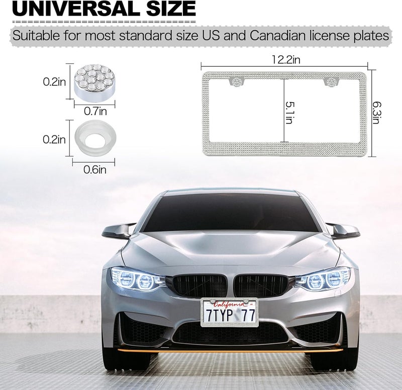 RunOne 2 Pack Bling License Plate Frame for Women,Sparkly Rhinestone Stainless Steel License Plate Holder,Car Accessories with Glitter Crystal Caps (White) - Image 5