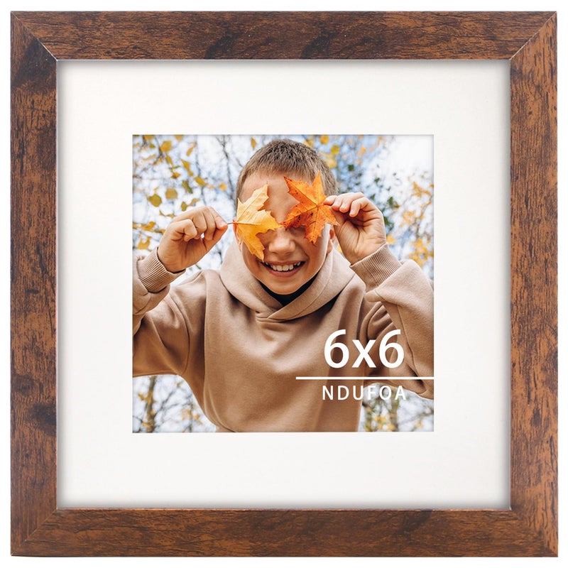 NDUFOA 6x6 Picture Frame  Display Photos 4x4 with Mat or 6x6 without Mat  Poster Frame for Wall and Tabletop  Brown - Image 1