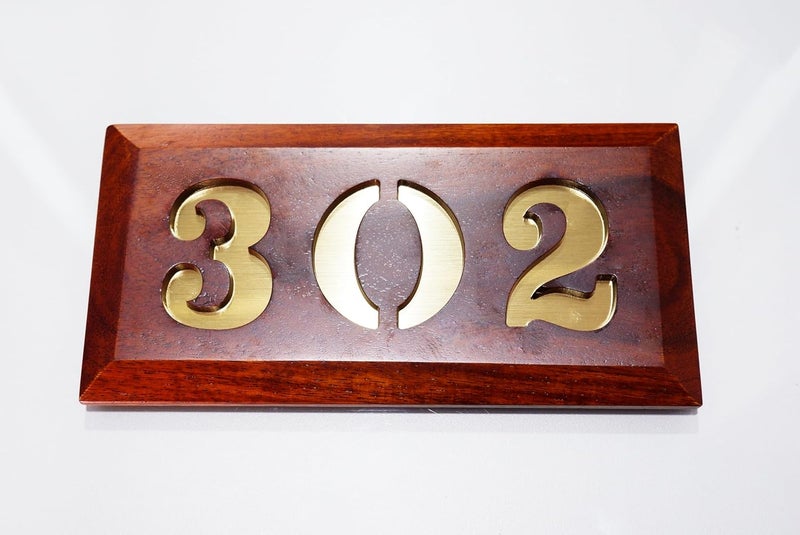 Tolas India Number Plate for HouseFlatsApartmentsOfficeHotelSchool Made with Solid Wood Vintage Brown Surface Gold Finish 302 - Image 1