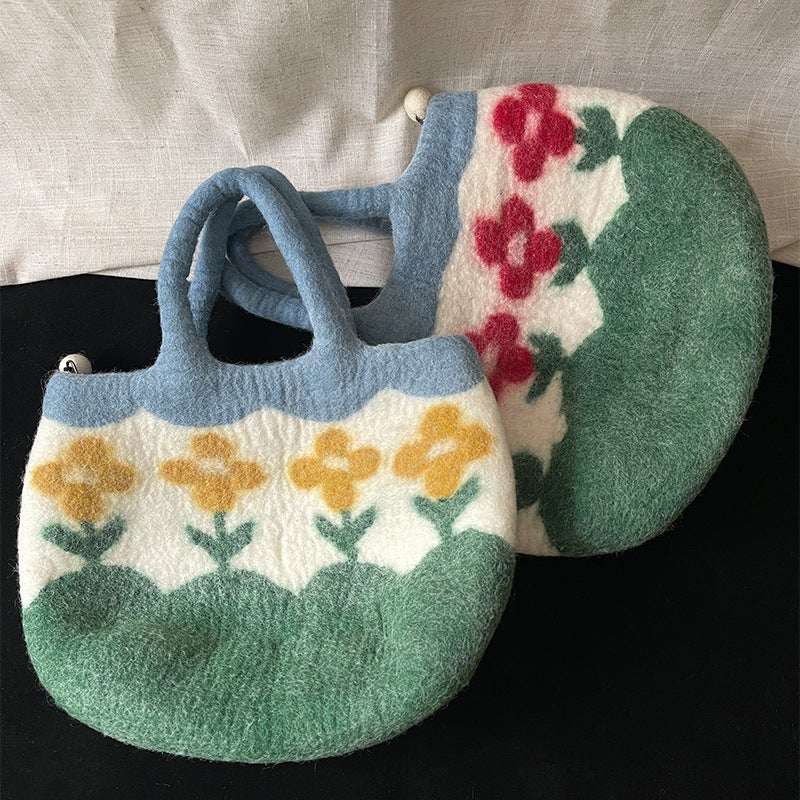 Send You A Little Red Flower Cute Wool Felt Bag Nepal Imported Handmade Large-Capacity Handbag - Image 5