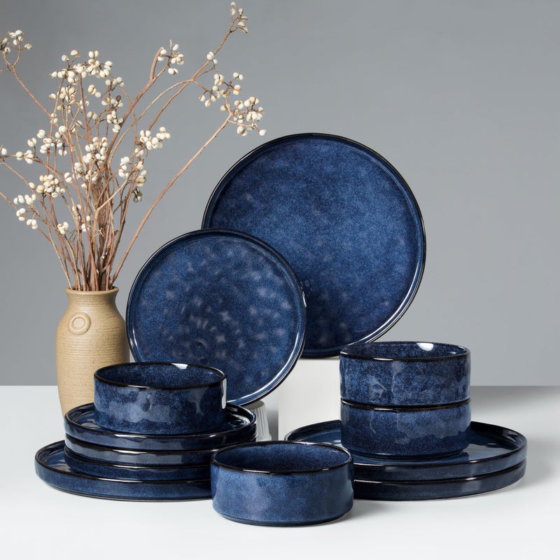 HaWare Dinnerware Sets, 12-Piece Plates and Bowls Set, Stoneware Dish Set for 4, Ceramic Dinnerware for Home Restaurant, Chip and Scratch Resistant, Microwave and Dishwasher Safe, Reactive Starry Blue - Image 1