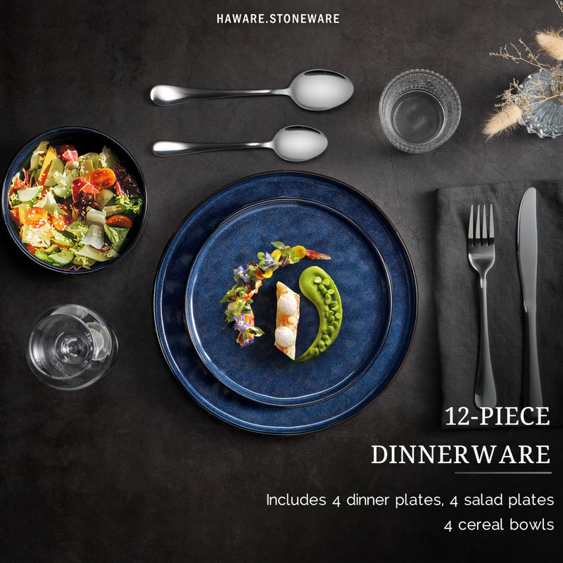 HaWare Dinnerware Sets, 12-Piece Plates and Bowls Set, Stoneware Dish Set for 4, Ceramic Dinnerware for Home Restaurant, Chip and Scratch Resistant, Microwave and Dishwasher Safe, Reactive Starry Blue - Image 3