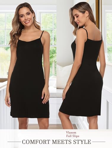 Vlazom Women Full Slips Sexy Soft Under Dress Basic Adjustable Spaghetti Strap Cami Slip Chemises V Neck Negligee A-black - Image 2