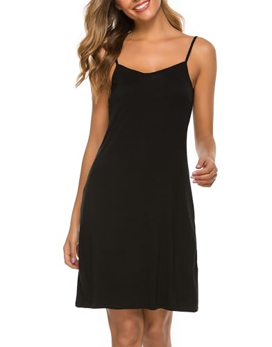 Vlazom Women Full Slips Sexy Soft Under Dress Basic Adjustable Spaghetti Strap Cami Slip Chemises V Neck Negligee A-black - Image 1
