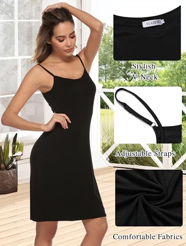 Vlazom Women Full Slips Sexy Soft Under Dress Basic Adjustable Spaghetti Strap Cami Slip Chemises V Neck Negligee A-black - Image 4