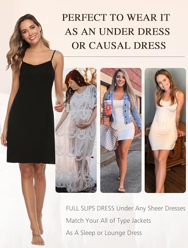 Vlazom Women Full Slips Sexy Soft Under Dress Basic Adjustable Spaghetti Strap Cami Slip Chemises V Neck Negligee A-black - Image 3