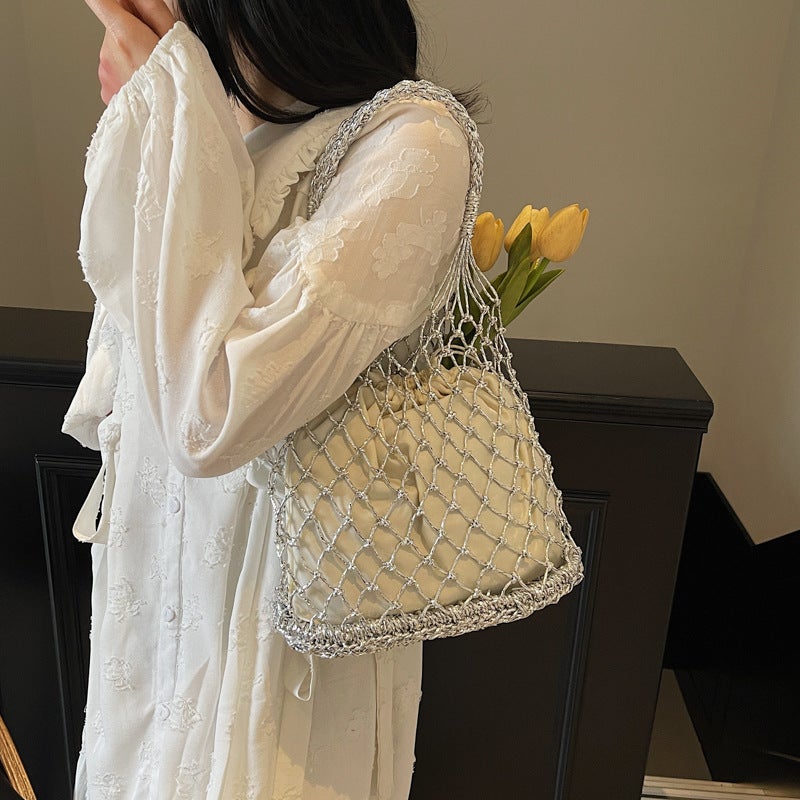 Ins Forest Cute Pure Color Gold And Silver Thread Hand-Woven Bag Trendyy Hand-Held Women'S Bag Hand-Held Beach Woven Bag - Image 2