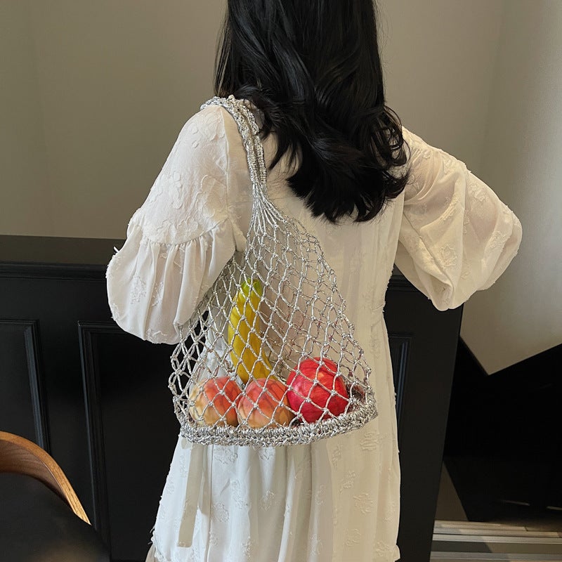 Ins Forest Cute Pure Color Gold And Silver Thread Hand-Woven Bag Trendyy Hand-Held Women'S Bag Hand-Held Beach Woven Bag - Image 3