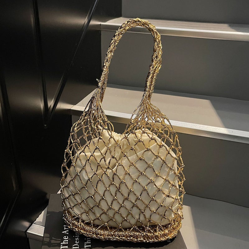 Ins Forest Cute Pure Color Gold And Silver Thread Hand-Woven Bag Trendyy Hand-Held Women'S Bag Hand-Held Beach Woven Bag - Image 5