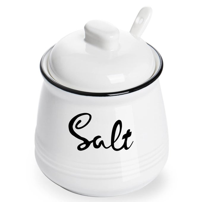 FARMHOUSE PORCELAIN SALT BOWL WITH LID AND SPOON 12OZEASY TO CLEAN WHITE