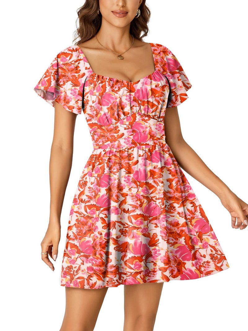 Rooscier Women's Tie Back Square Neck Ruffle Wrap Short Sleeve Flare Mini Dress Pink Floral Medium - Image 4