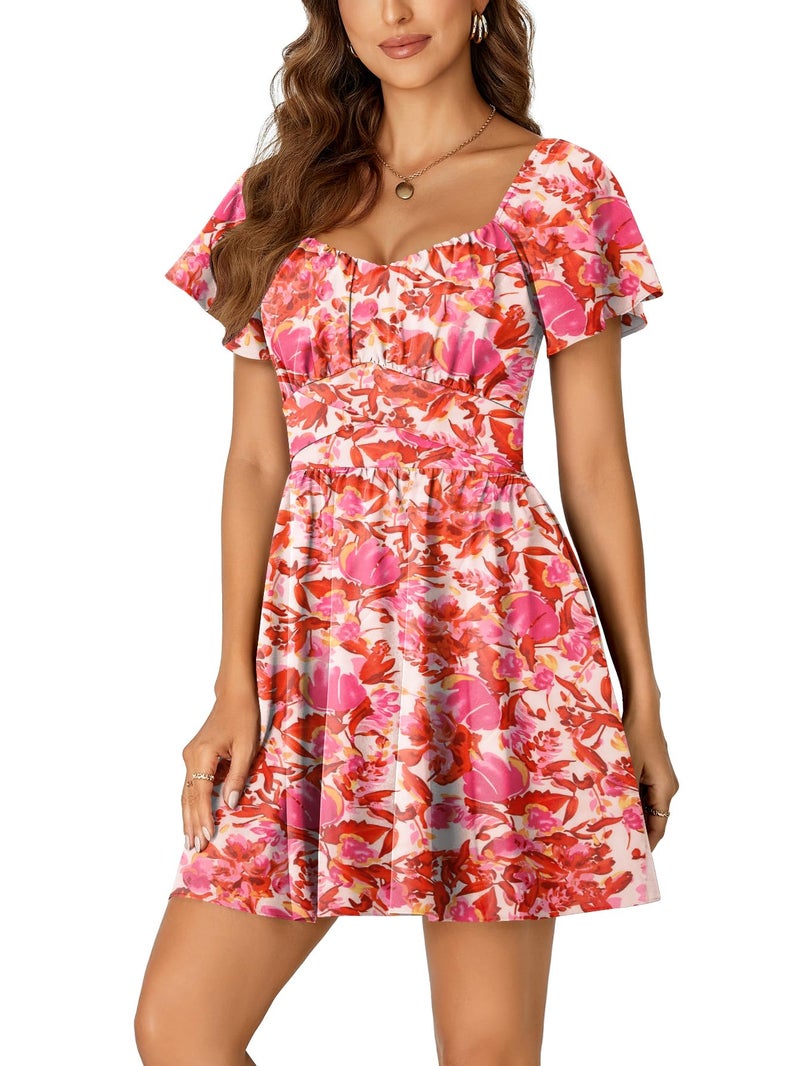 Rooscier Women's Tie Back Square Neck Ruffle Wrap Short Sleeve Flare Mini Dress Pink Floral Medium - Image 3
