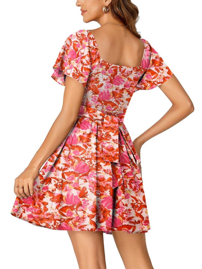 Rooscier Women's Tie Back Square Neck Ruffle Wrap Short Sleeve Flare Mini Dress Pink Floral Medium - Image 5