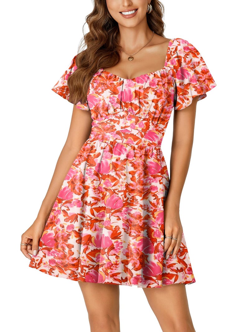 Rooscier Women's Tie Back Square Neck Ruffle Wrap Short Sleeve Flare Mini Dress Pink Floral Medium - Image 2