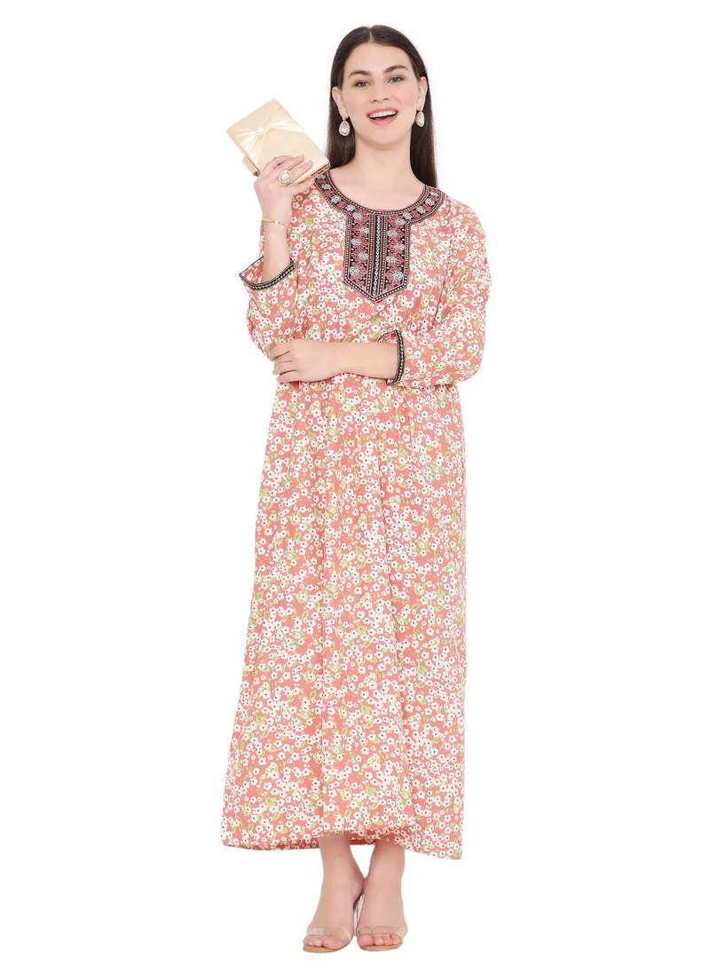 HANA & SARA MODEST VISCOSE EMBROIDERED AND FLORAL PRINTED ARABIC JALABIYA KAFTAN DRESS