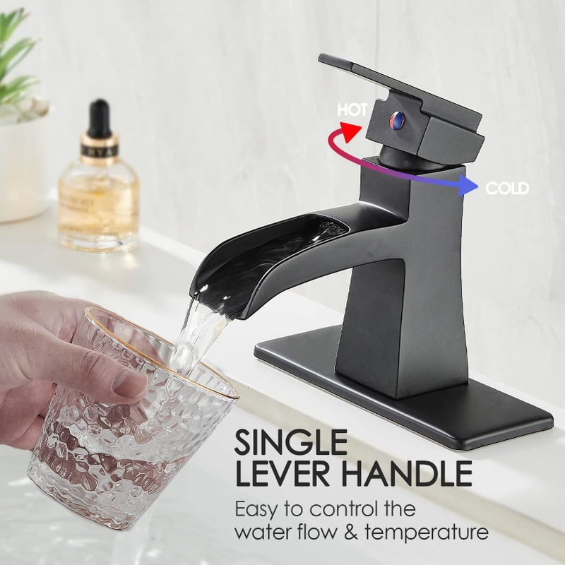 Sanliv Black Waterfall Bathroom Faucet, One-Handle Bathroom Faucets for Sink 1 or 3 Hole, Matte Black Vanity Faucet, Single Hole Restroom Sink Faucet with Pop Up Drain - Image 4