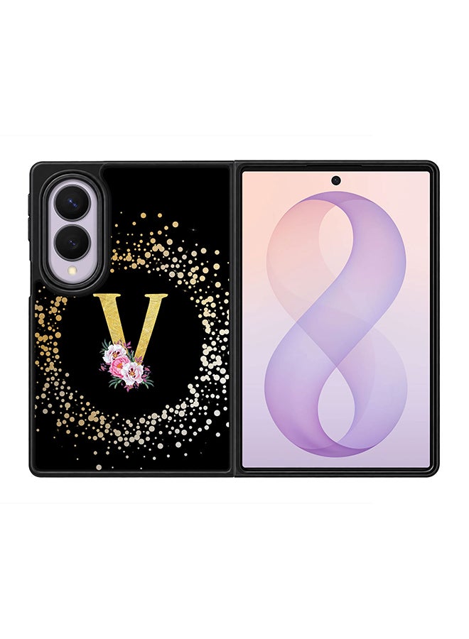 Stylizedd Rugged Case for Samsung Galaxy Z Fold8- Slim Fit Hybrid Rubber Cover Floral Monogram - V (Black)