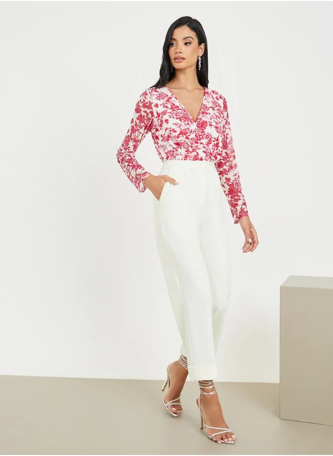 Styli Floral Print Wrap Style Bodysuit