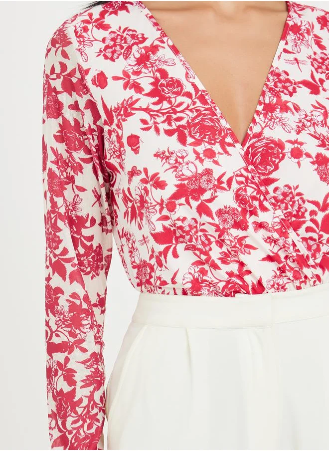 Styli Floral Print Wrap Style Bodysuit