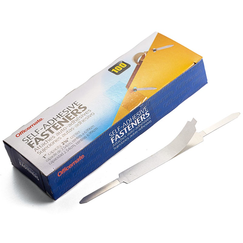 Officemate Self Adhesive Prong Paper Fasteners, Matte Steel Finish, 1 inch Capacity, 2.75 inch Base, Box of 100 (99857) - Image 1