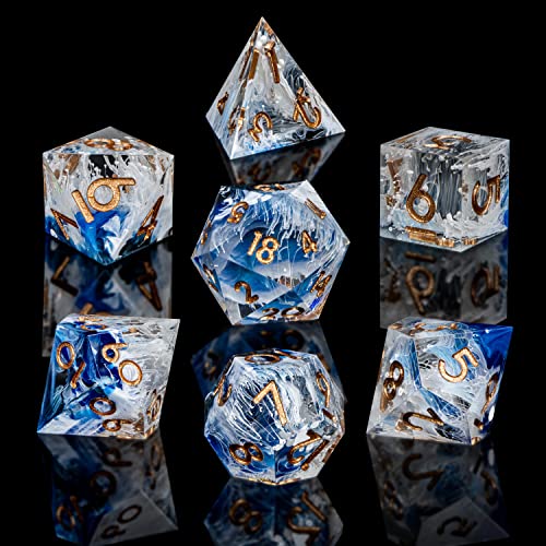 ARUOHHA Blue DND Resin Dice Set 7PCS Translucent Handmade RPG Polyhedral Sharp Edge Dice Set with Gift Box Glitter Inclusions D and D Dice D20 D12 D10 D8 D6 D4 - Image 5