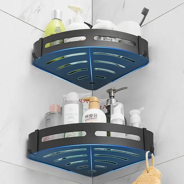 MorivaHomes Multipurpose Self Adhesive Aluminium Bathroom Corner Shelf Rack Bathroom Corner Organizer Stand Bathroom Organisers Storage Racks Bathroom Shelf Shelves Corner (Pack of 2) - Image 2