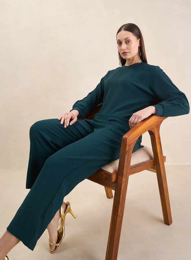 Femmella Solid Round Neck Top and Trouser Co-Ords