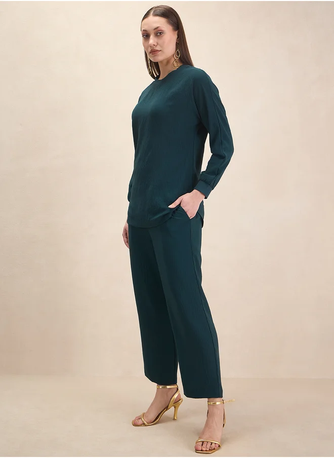 Femmella Solid Round Neck Top and Trouser Co-Ords
