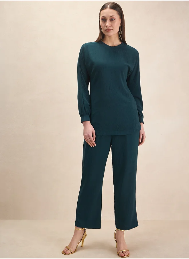 Femmella Solid Round Neck Top and Trouser Co-Ords