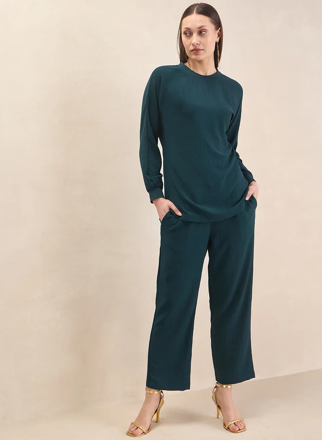 Femmella Solid Round Neck Top and Trouser Co-Ords