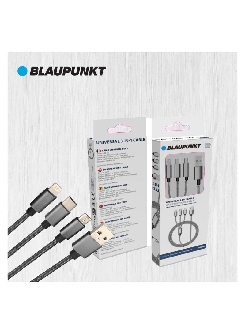 Blaupunkt 3-In-1 Multi Charging Braided Cable for Type-C , Lightning and micro-USB Devices, 1.2m, Black - Image 3